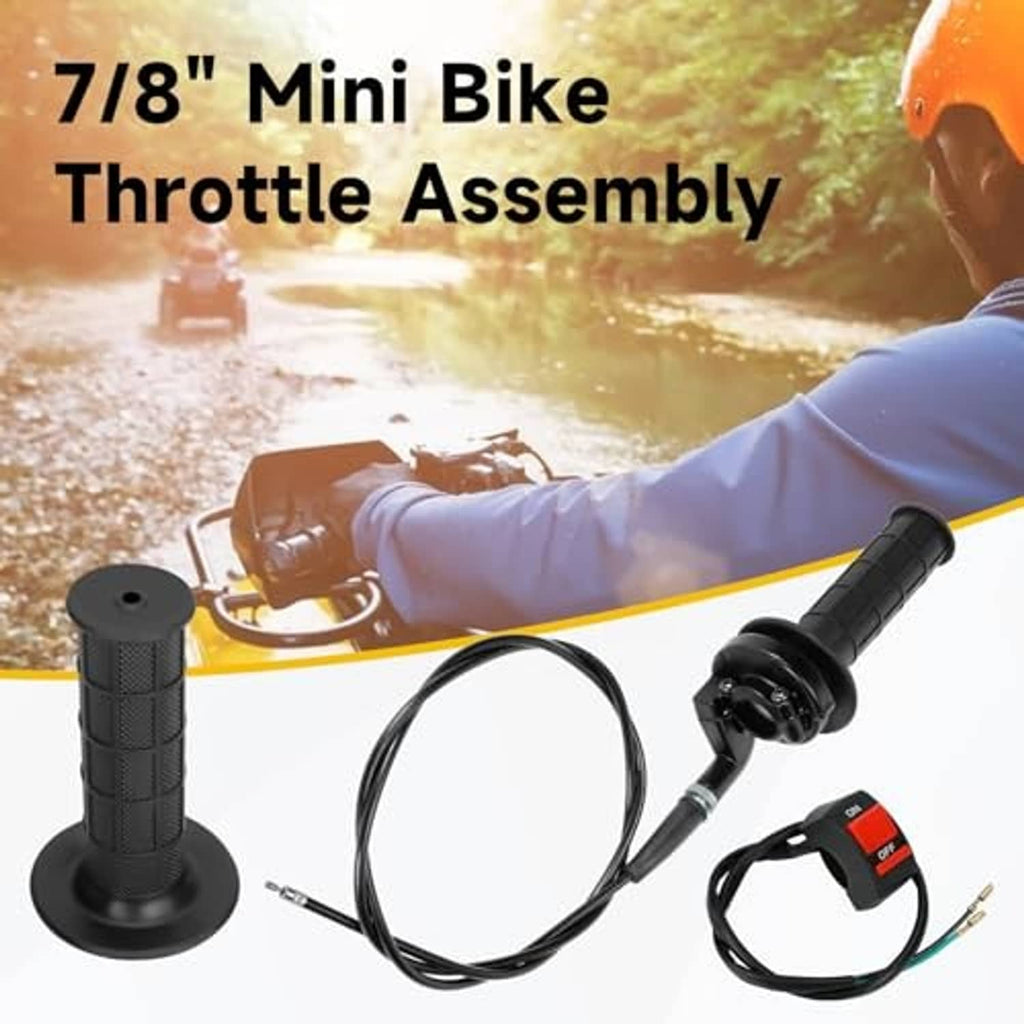 Black 7/8 mini bike twist throttle assembly with cable and red/black ON-OFF switch