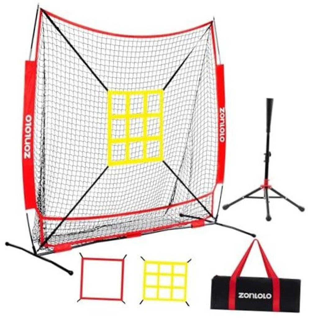 Baseball and softball practice net with red frame and yellow strike-zone targets