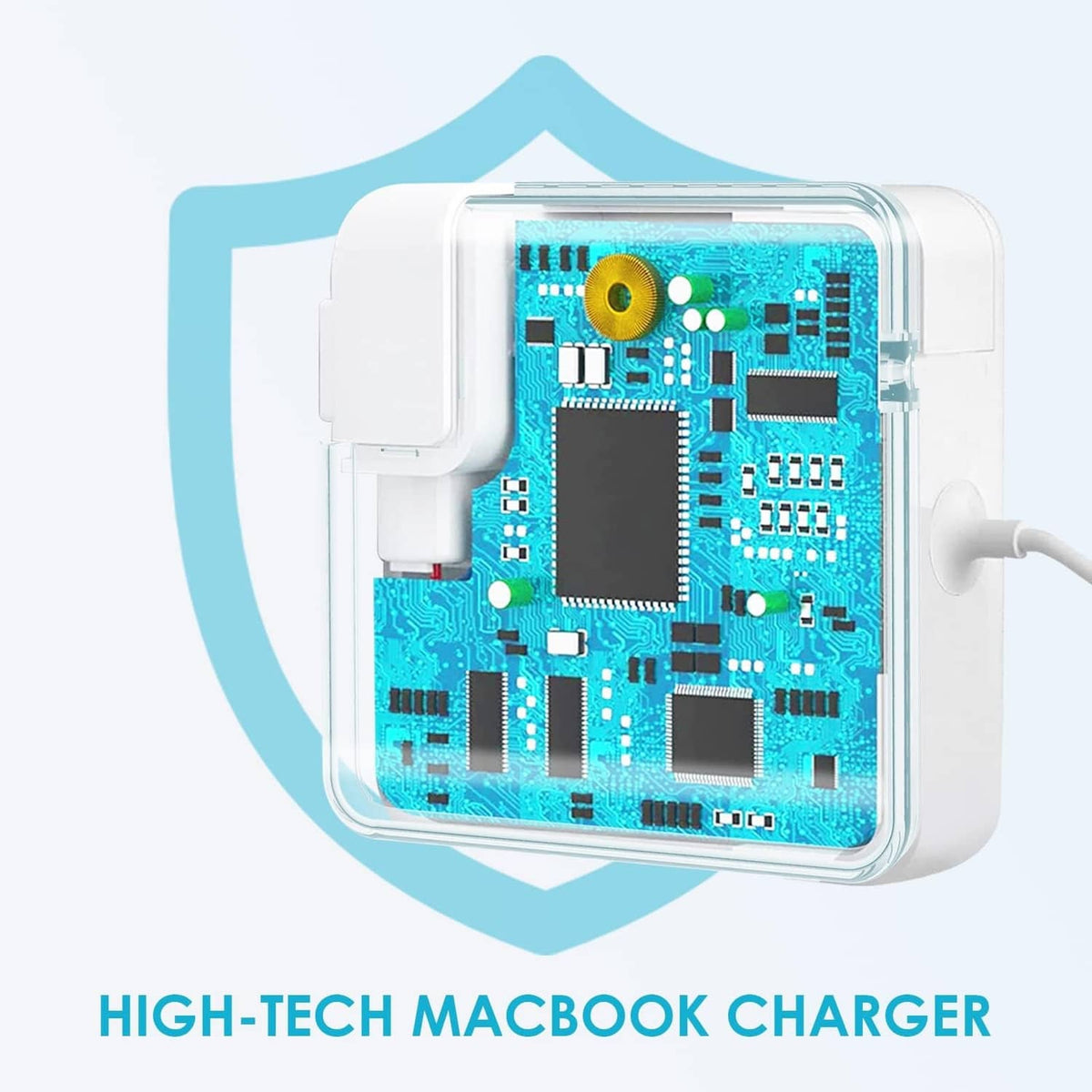 White MacBook charger with visible internal circuitry inside protective casing