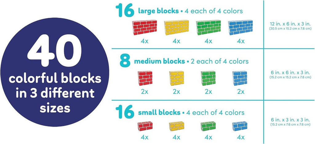 40-piece cardboard building blocks set size chart: large, medium, small