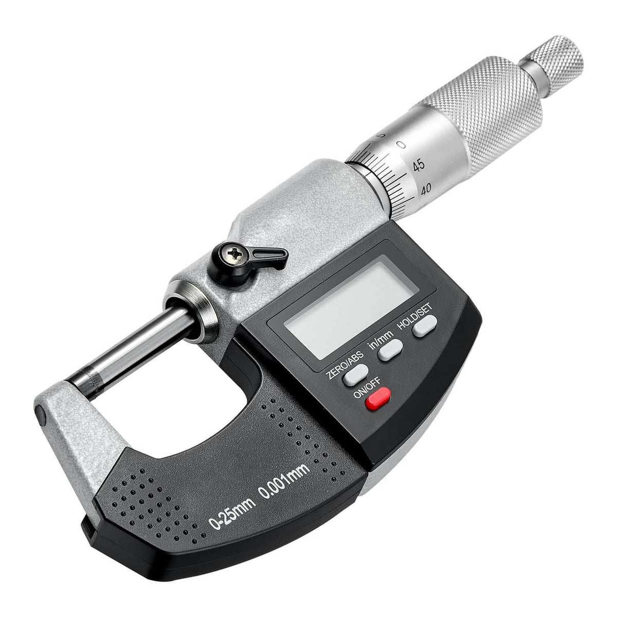 Digital micrometer with LCD screen and buttons, silver frame and black measuring base