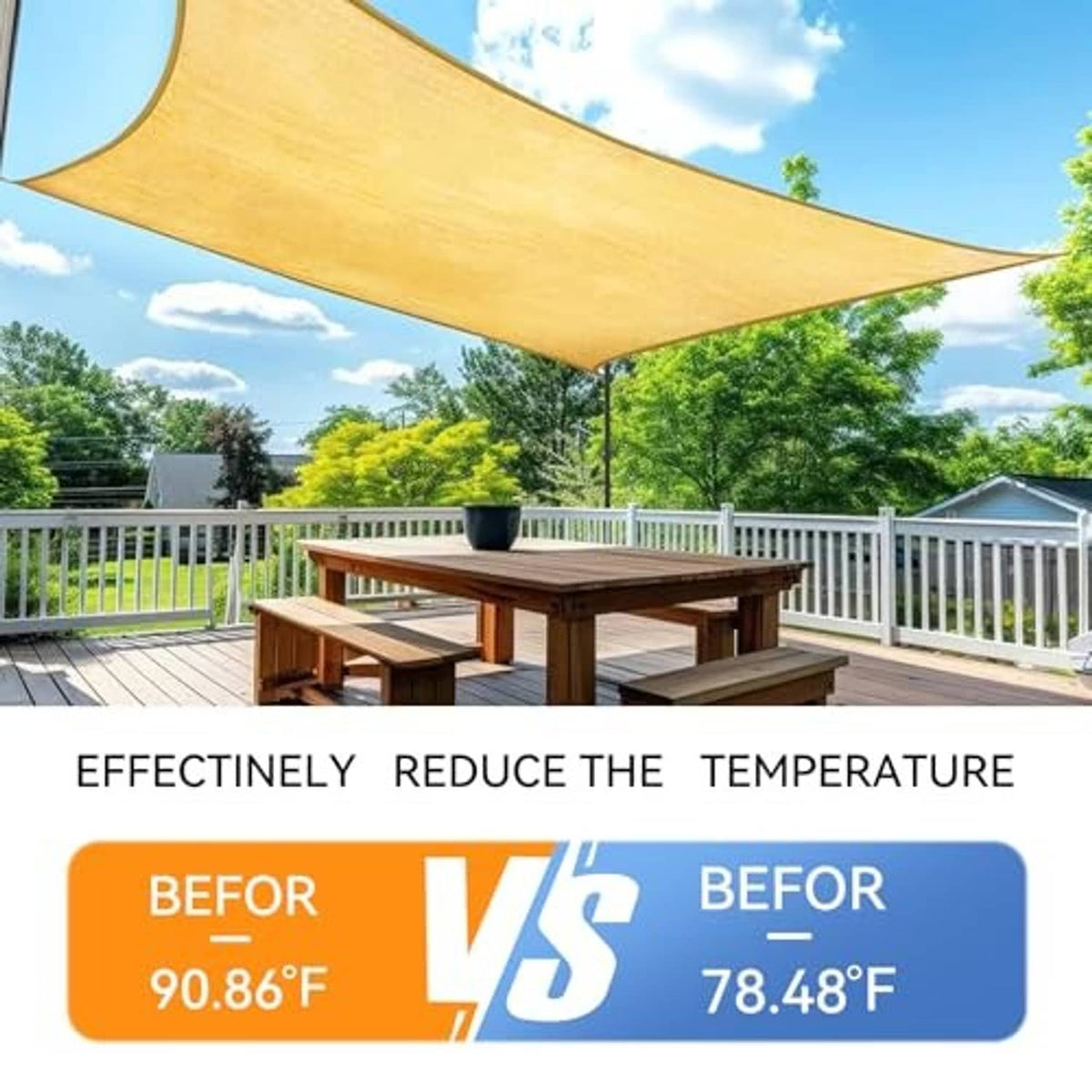 Beige sun shade canopy stretched over a deck railing