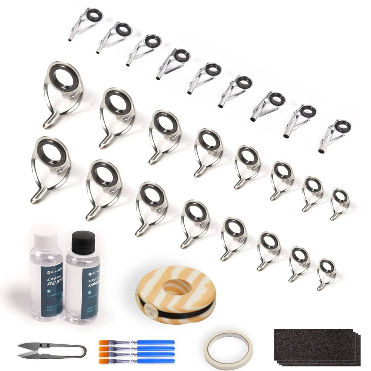 Fishing rod guide repair kit with double-leg eyelets, epoxy bottles, sanding pad, tools
