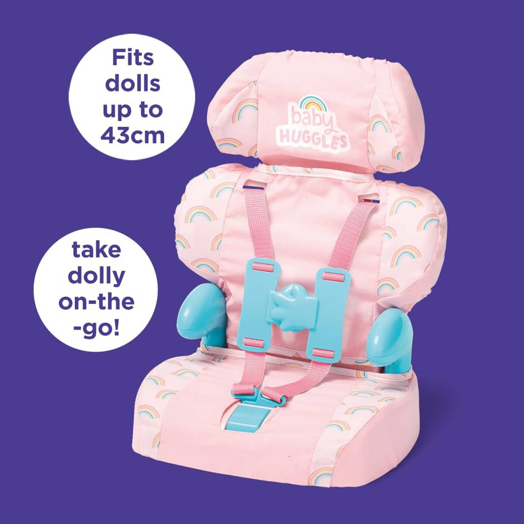 Pink doll booster seat with adjustable headrest, blue leg rests, and rainbow print