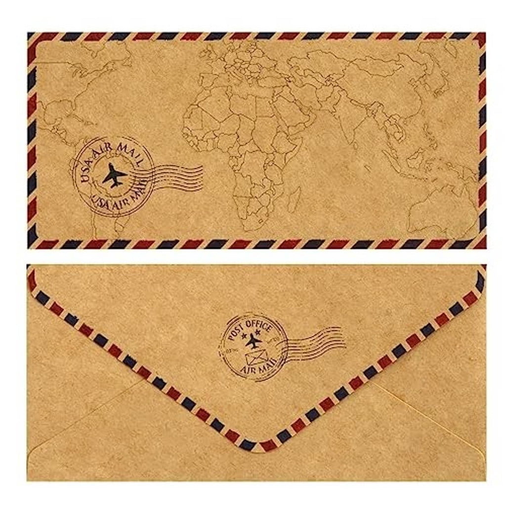 Brown envelope front and back with Air Mail stamp and zigzag striped border