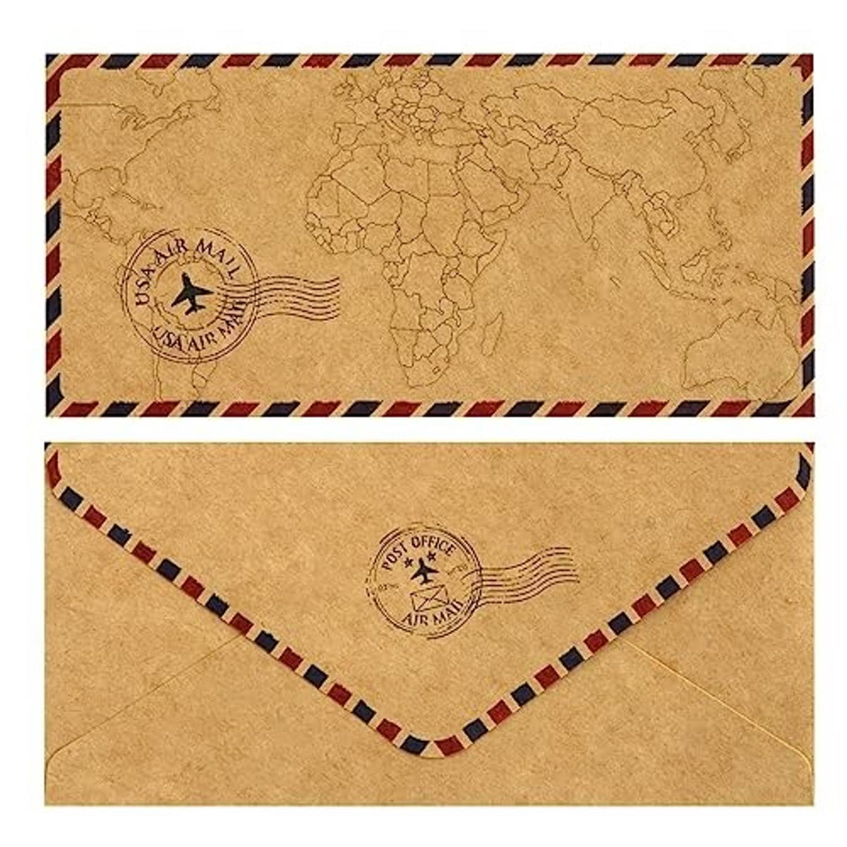 Brown envelope front and back with Air Mail stamp and zigzag striped border