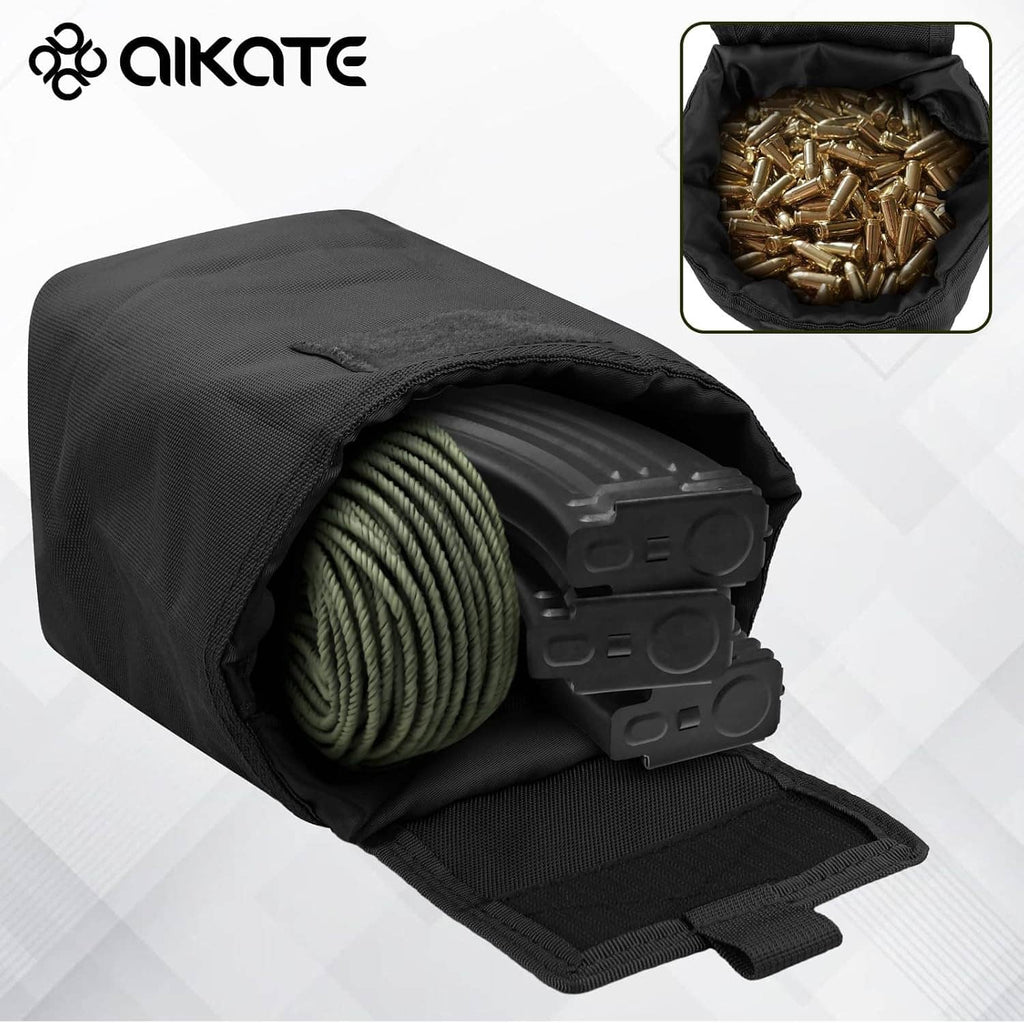 Black open roll-up drawstring pouch holding cartridge rounds inside