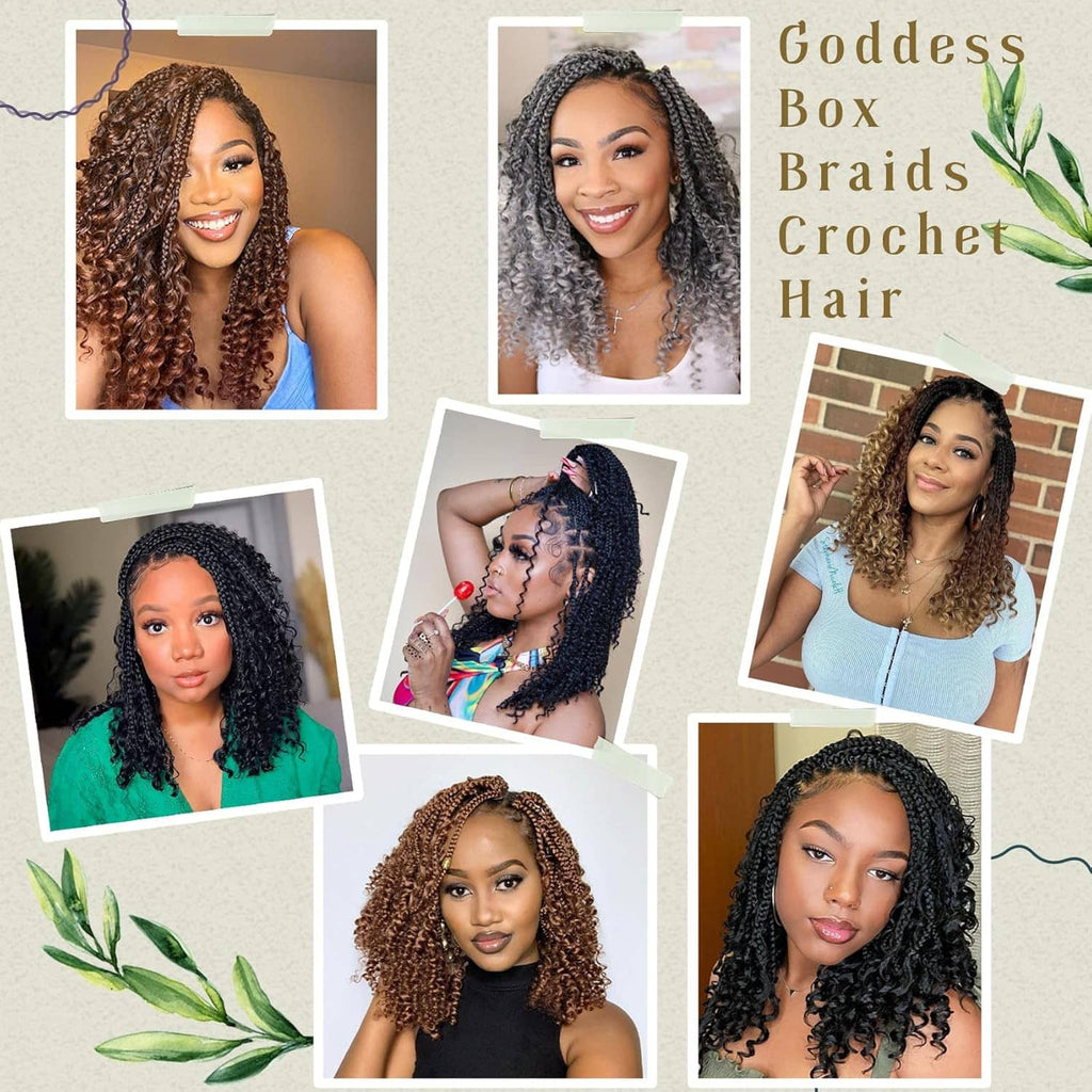 Crochet box braid hair worn in dark gray with curly texture and light gray highlights