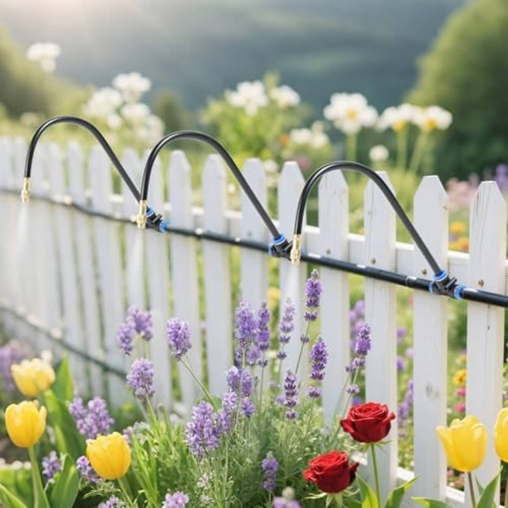 Misting system with black hoses and brass fittings spraying flowers along a fence