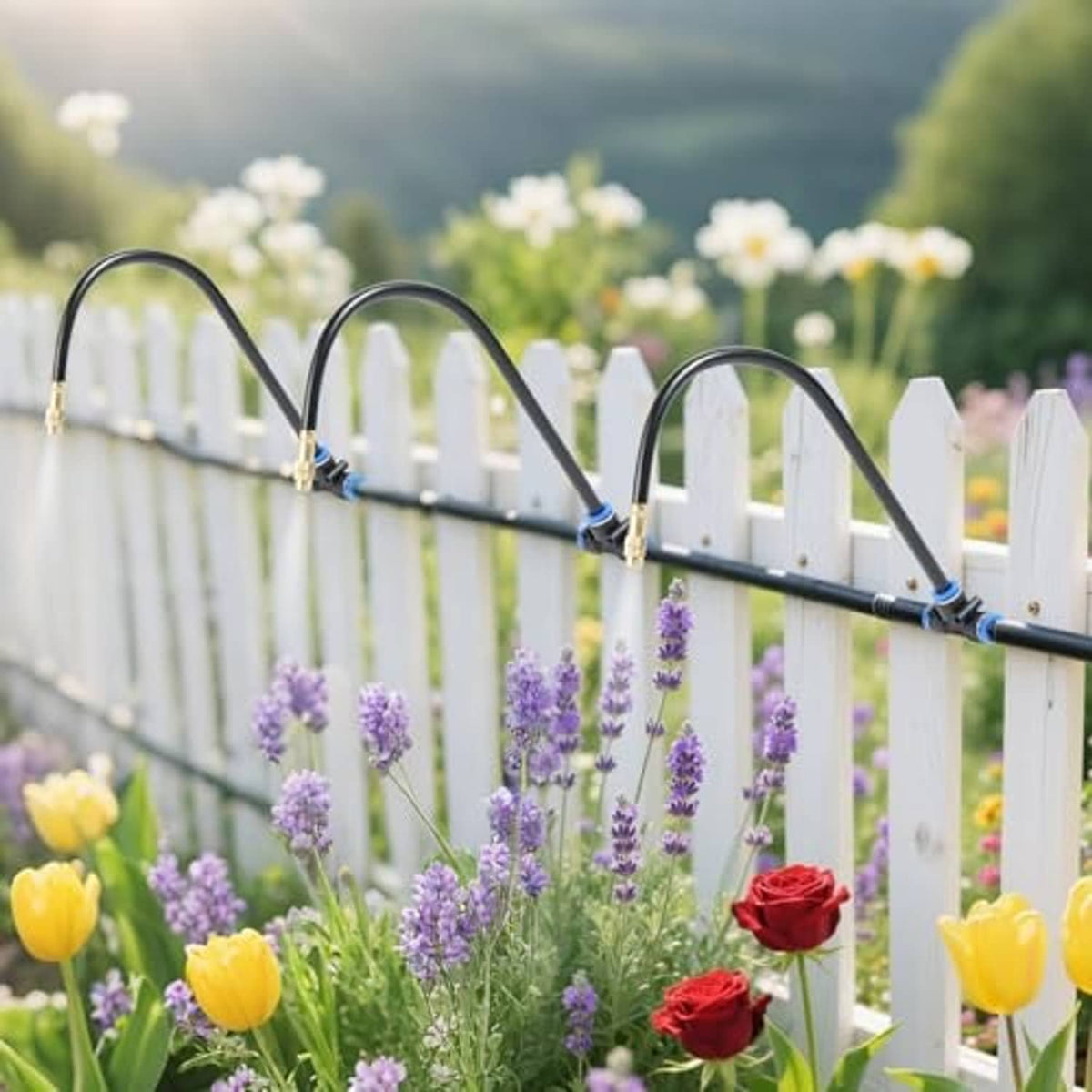 Misting system with black hoses and brass fittings spraying flowers along a fence