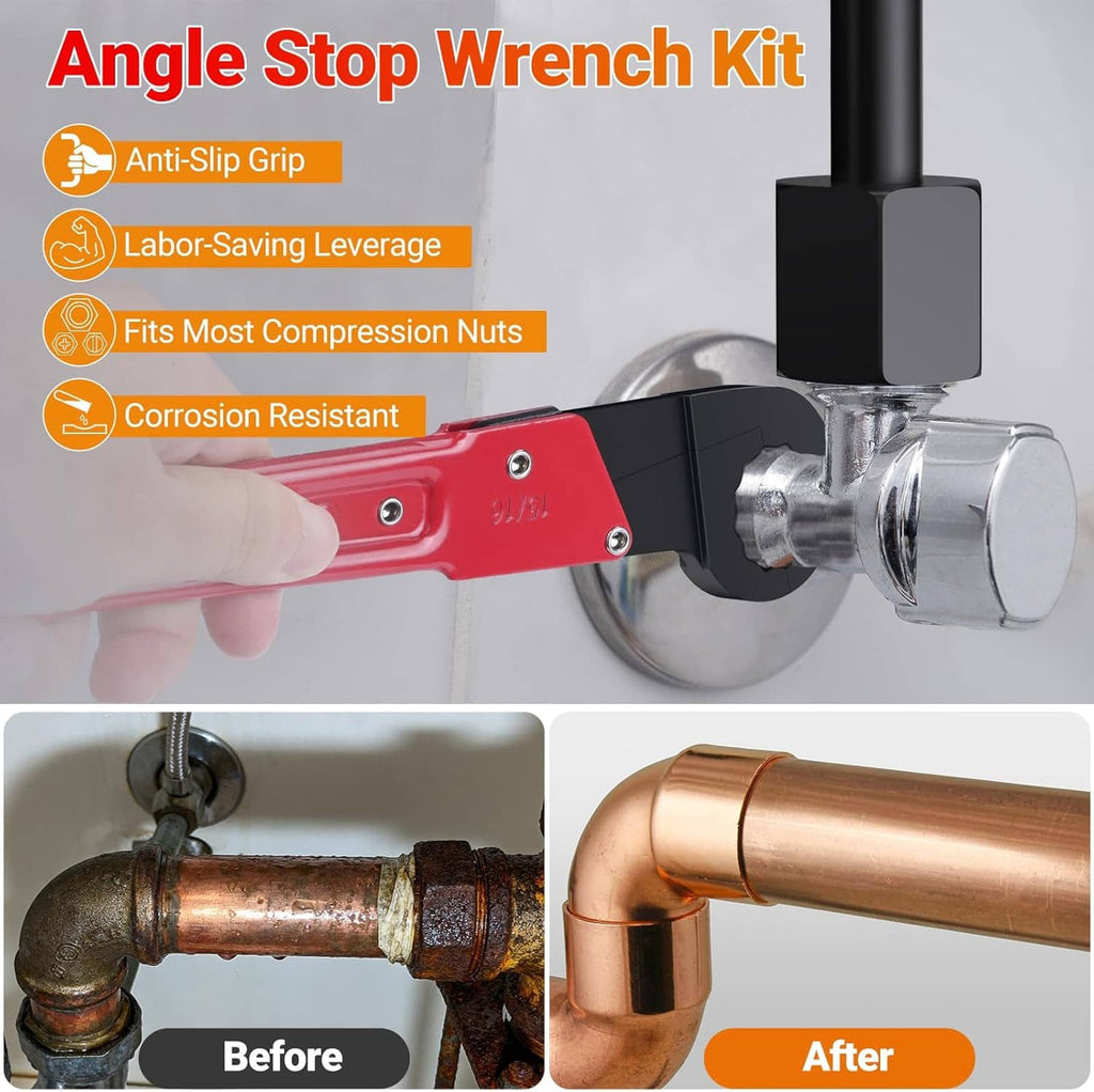 Angle stop wrench tool in red and black on a chrome valve fitting