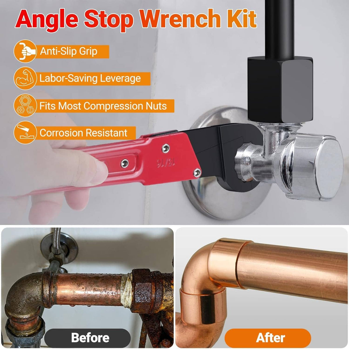 Angle stop wrench tool in red and black on a chrome valve fitting