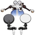 Motorcycle bar-end rear-view mirrors, two round black mirror heads with mounting arms