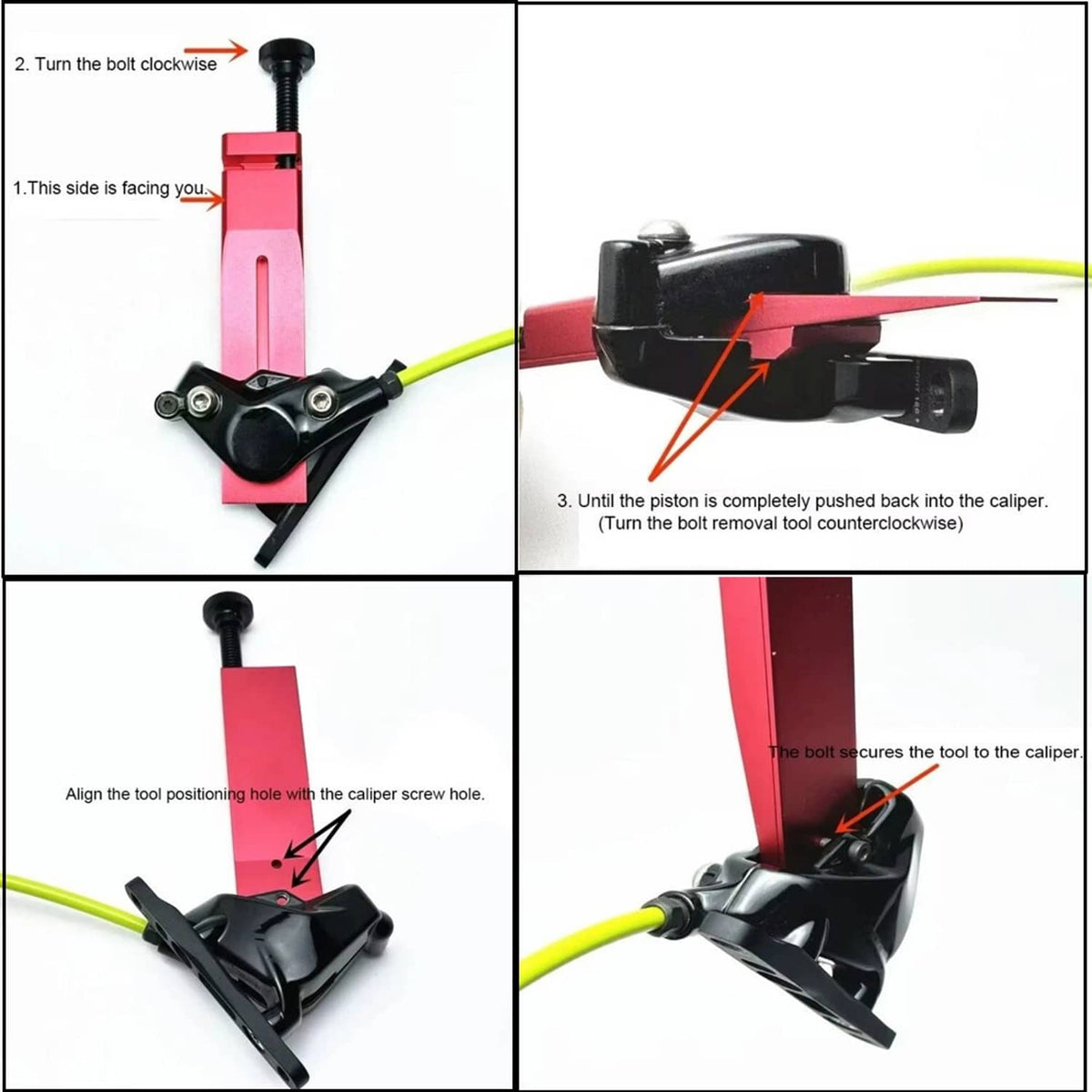 Red brake caliper piston press tool shown with caliper alignment and screw