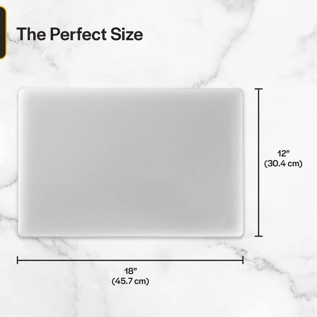 Rectangular white plastic cutting board, 18 in by 12 in size