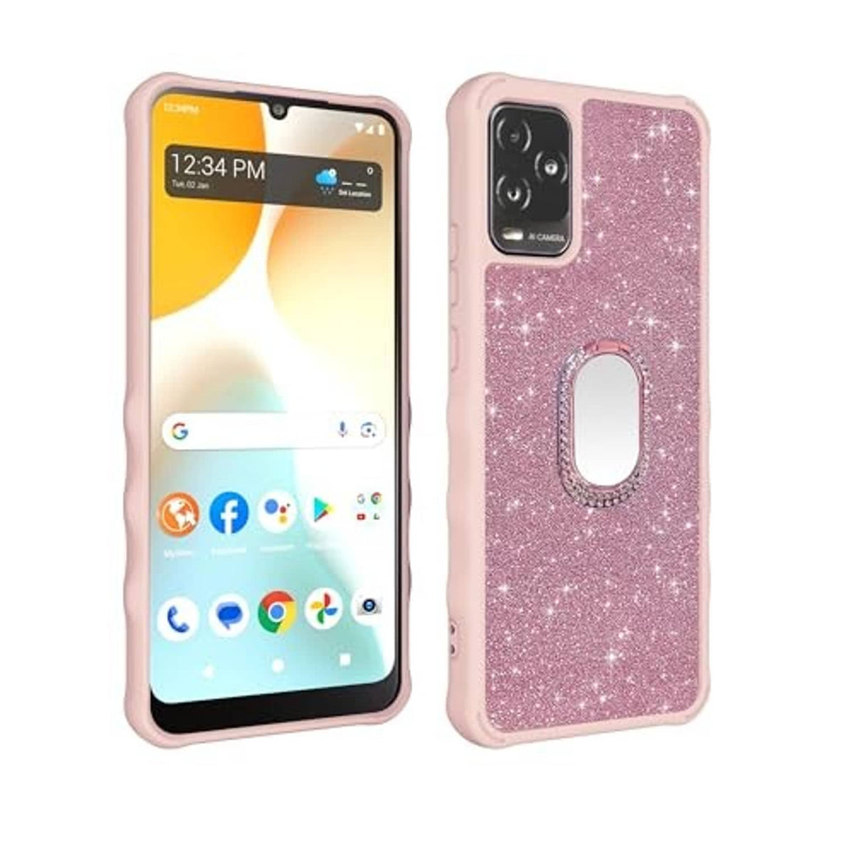 Pink glitter phone case with oval ring kickstand and dual camera opening