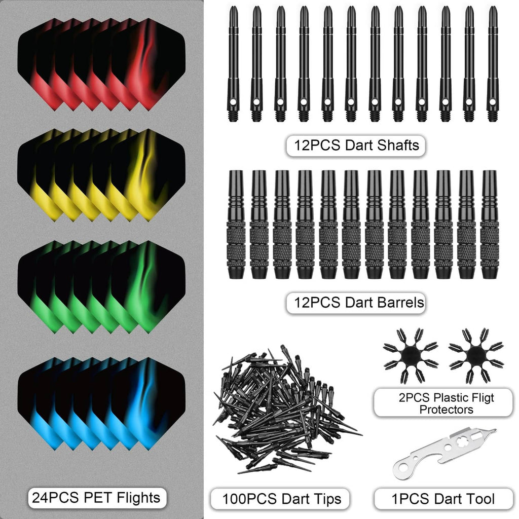 Dart parts set with 12 black barrels and shafts, plus 100 soft tips and 24 flights