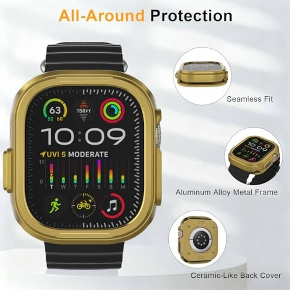 Gold aluminum-look frame case with black strap for Apple Watch Ultra 49mm.