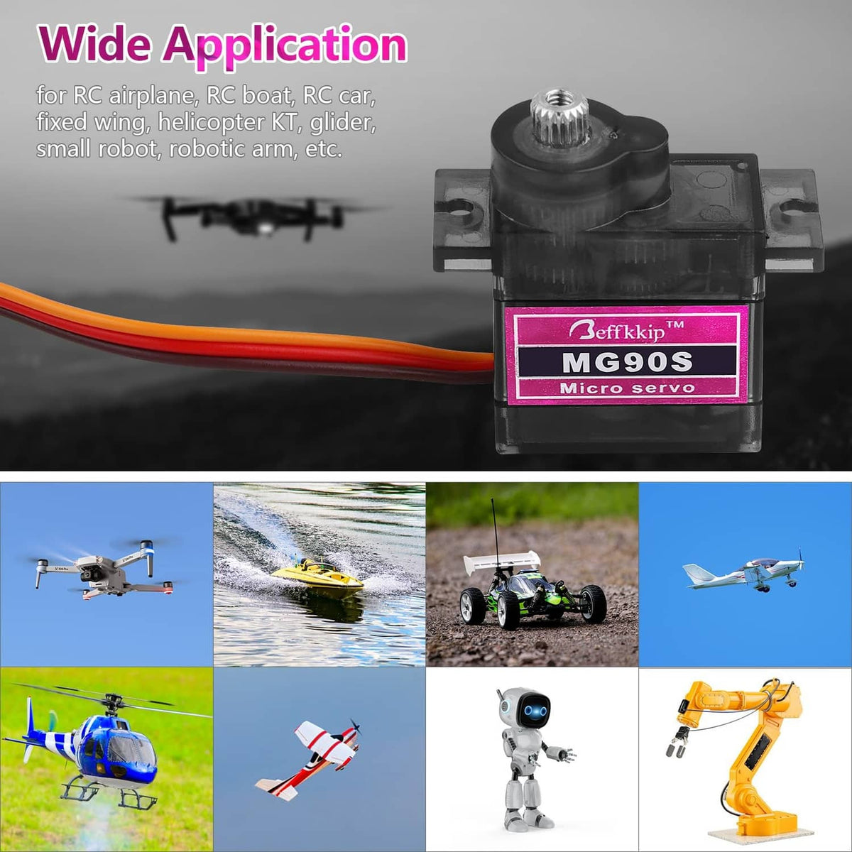 Micro servo motor for RC applications with long orange and red signal wires
