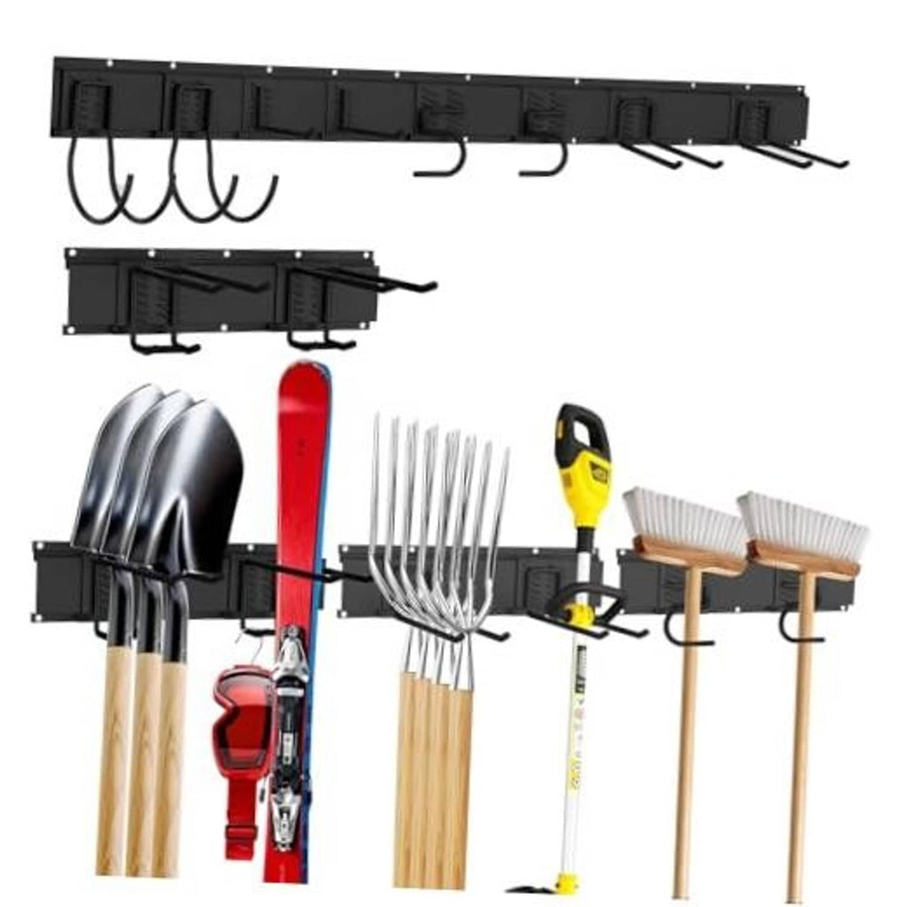 Wall-mount tool organizer rail with multiple black hooks and storage holders