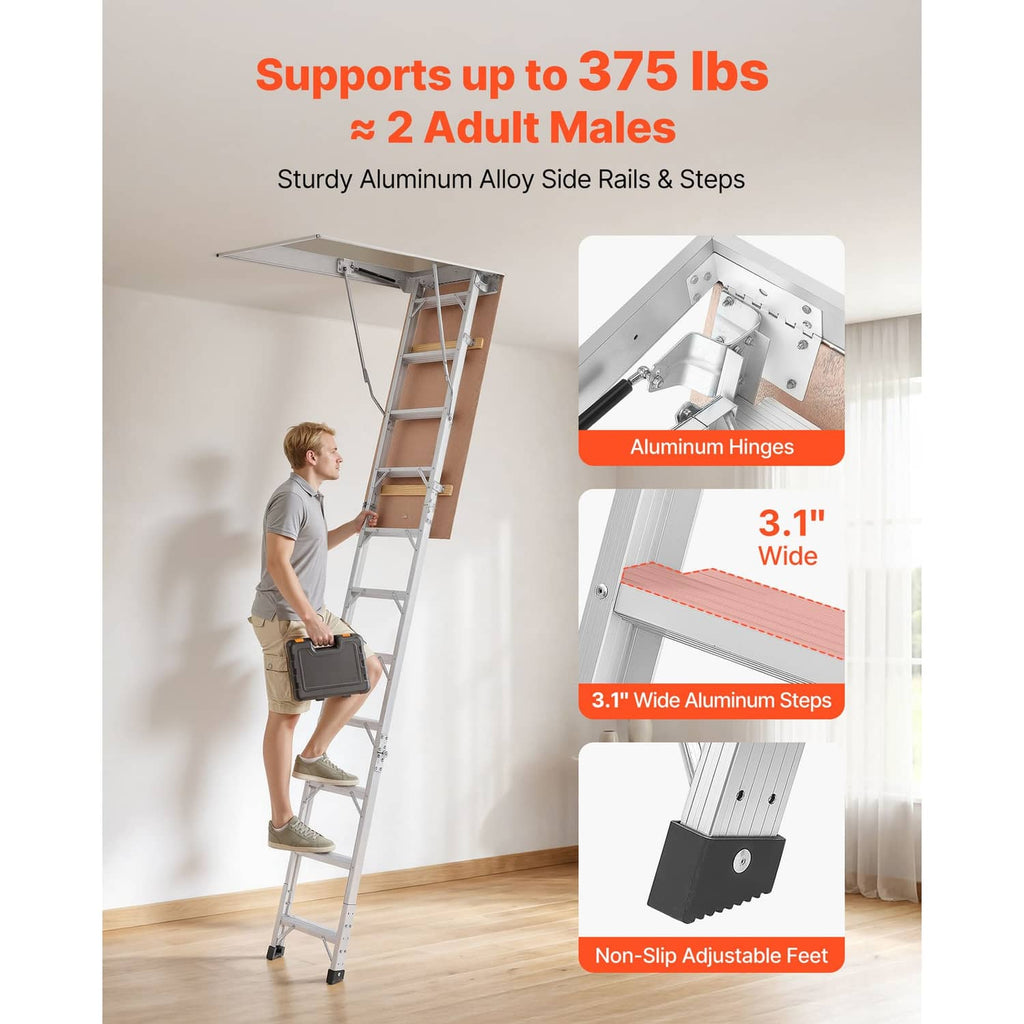 Aluminum folding attic ladder with wide non-slip steps and adjustable feet