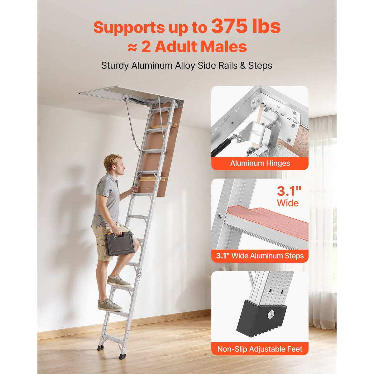 Aluminum folding attic ladder with wide non-slip steps and adjustable feet
