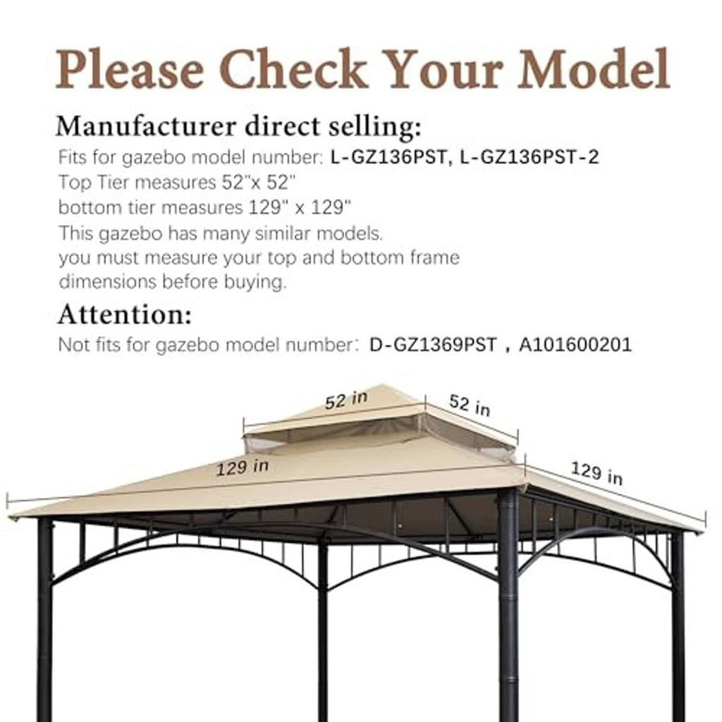 Light beige replacement gazebo roof canopy size diagram with measurement lines
