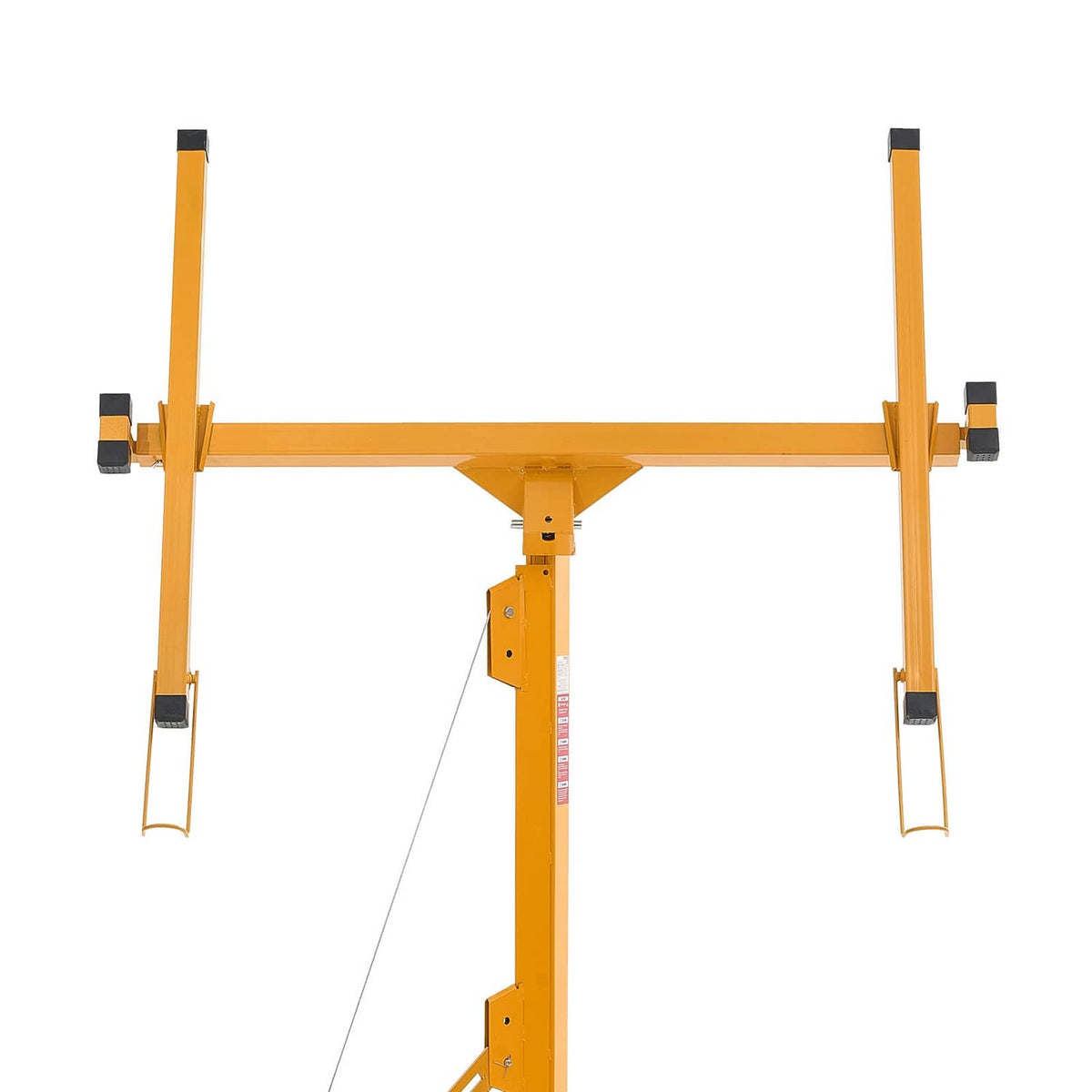 Orange drywall hoist crossbeam with vertical column and four corner support mounts.