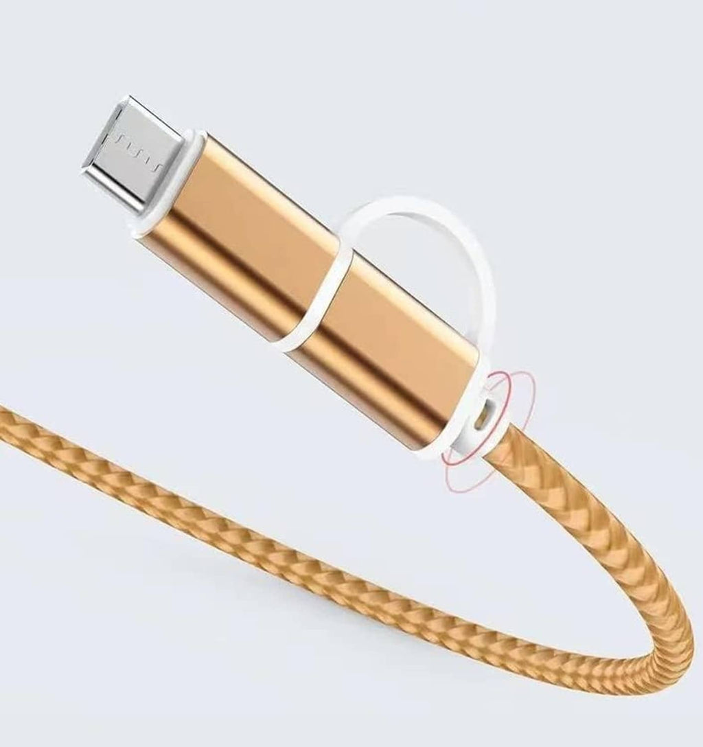Gold USB cable with braided cord and metal adapters, compact coiled design