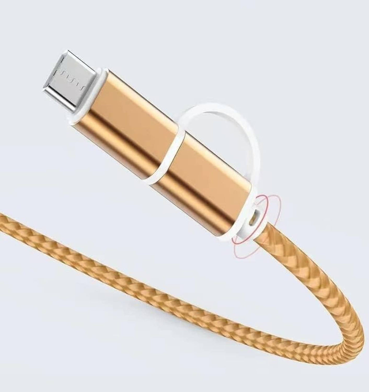 Gold USB cable with braided cord and metal adapters, compact coiled design