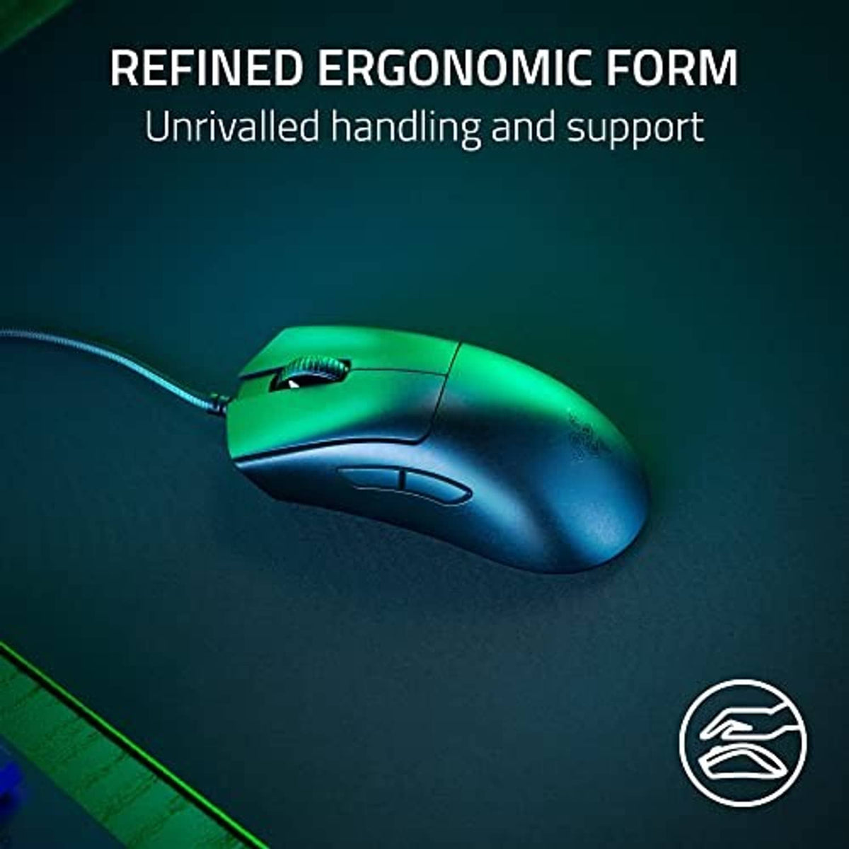 Black wired gaming mouse with green gradient lighting and side profile