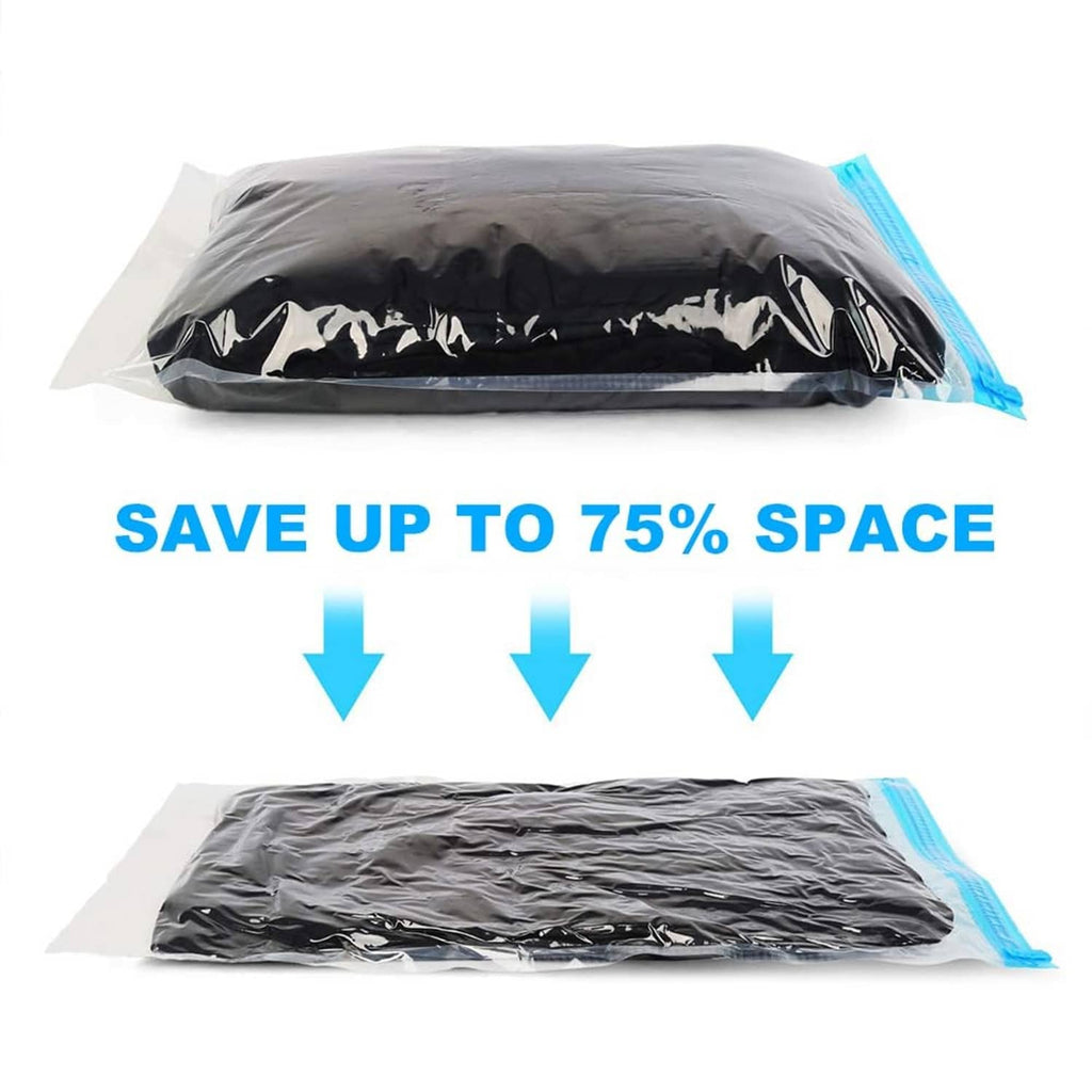 Vacuum compression storage bag, dark black bag with blue side seals and zip