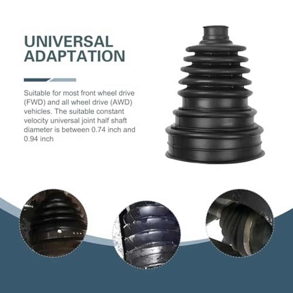 Universal black CV axle boot with multiple fitting compatibility views