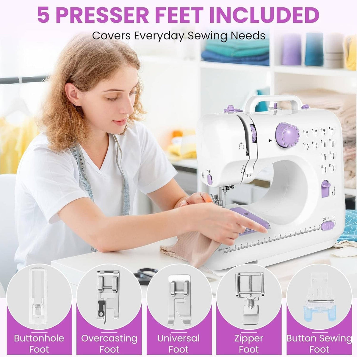 Purple mini sewing machine in use with included presser feet and accessory set
