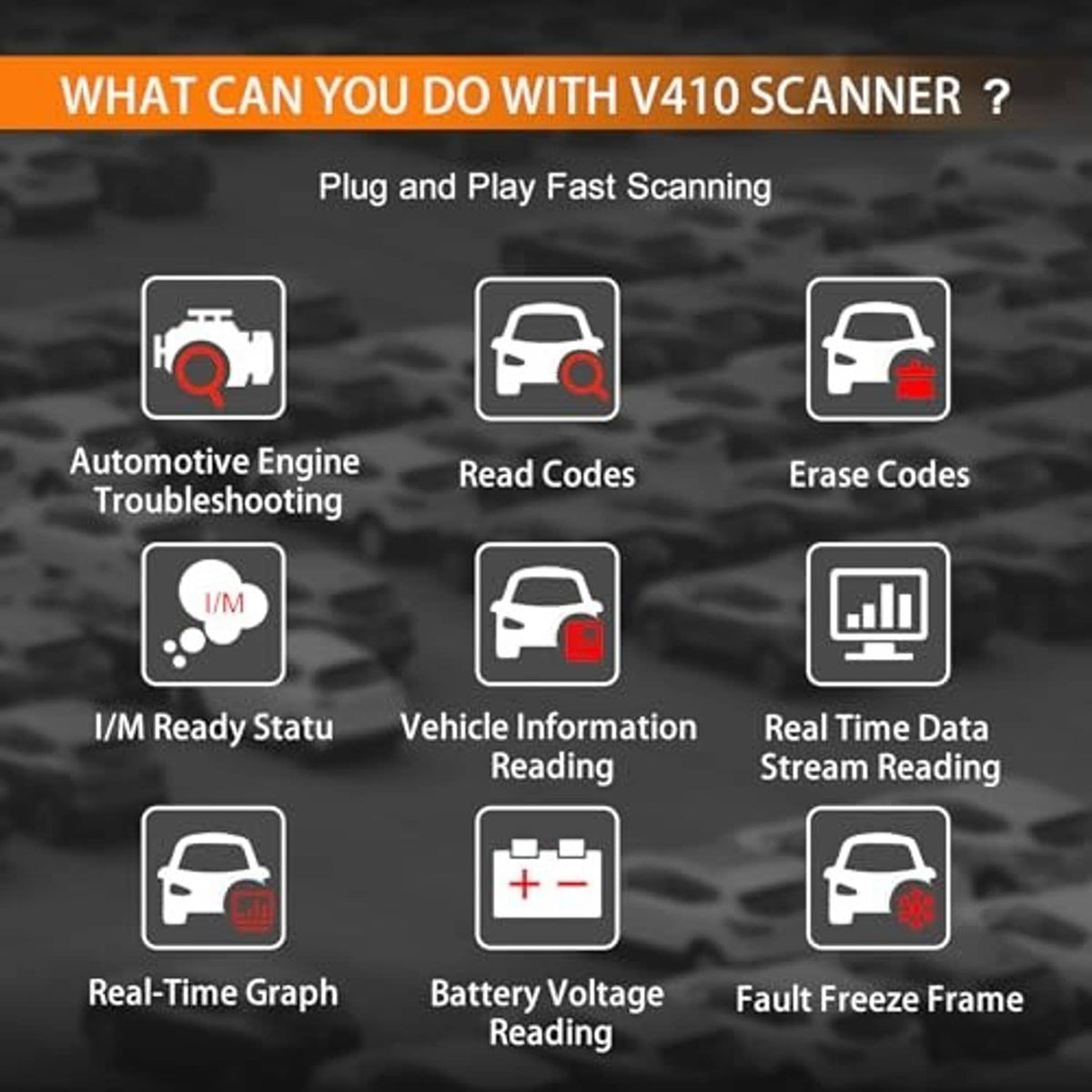 Black OBD2 scanner feature icons for troubleshooting, read codes, and erase codes
