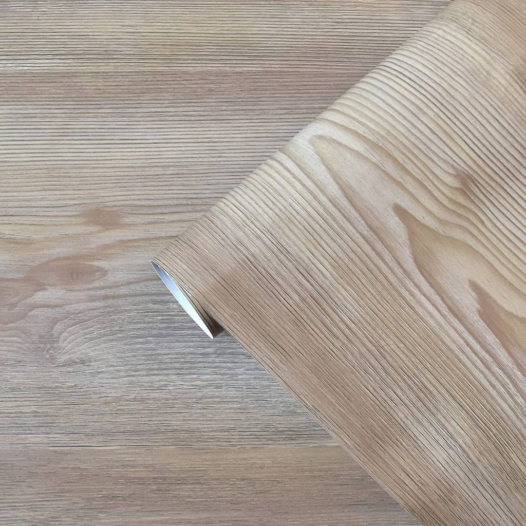 Faux wood grain peel-and-stick contact paper in light beige and gray