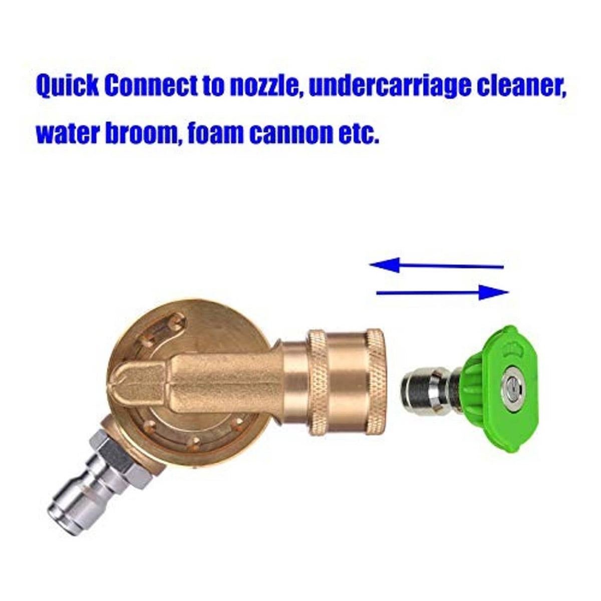 Brass quick-connect pivoting coupler with adapter port for pressure washer nozzles