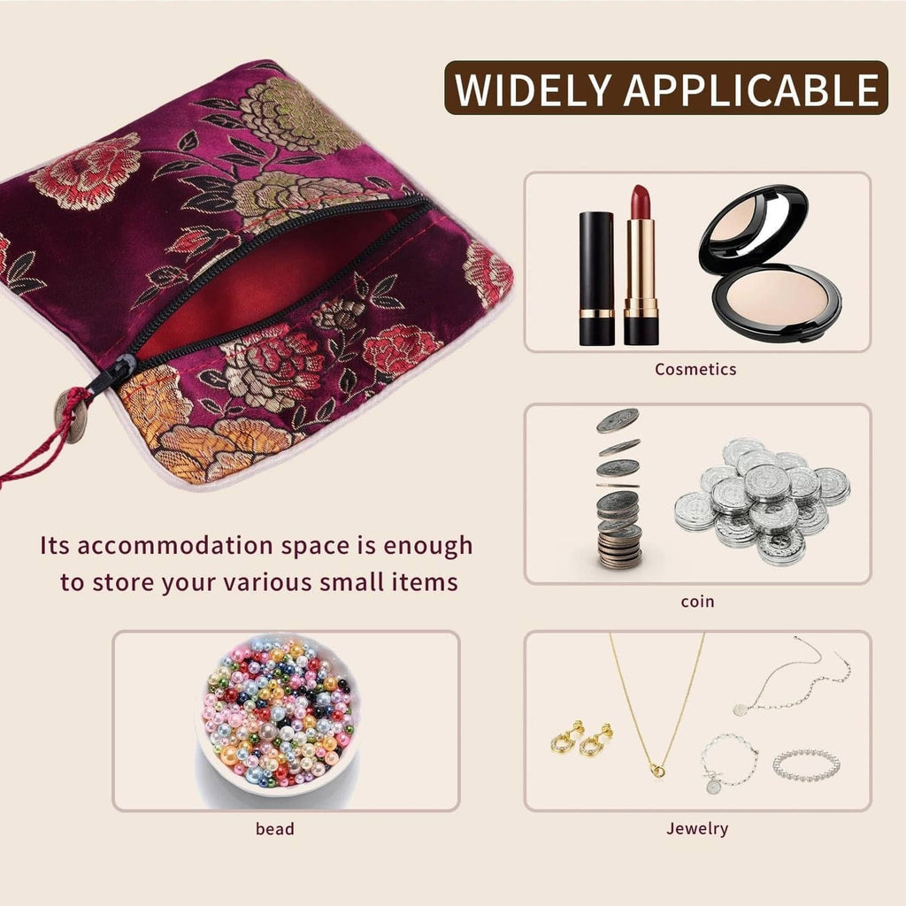 Purple Chinese silk brocade coin purse with floral embroidery and tassel, zip top
