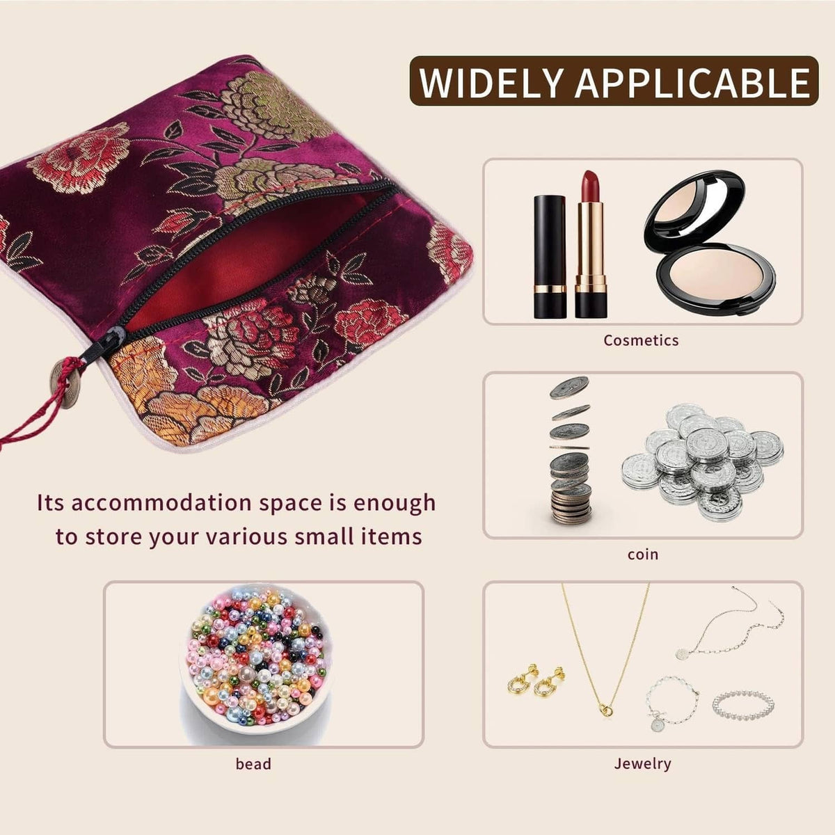 Purple Chinese silk brocade coin purse with floral embroidery and tassel, zip top
