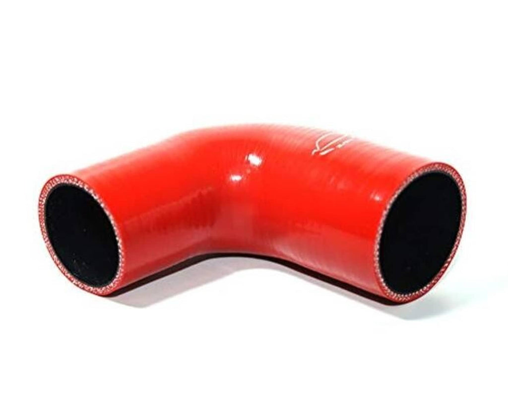 Red reinforced silicone hose elbow, black-lined ports with stitched rim.
