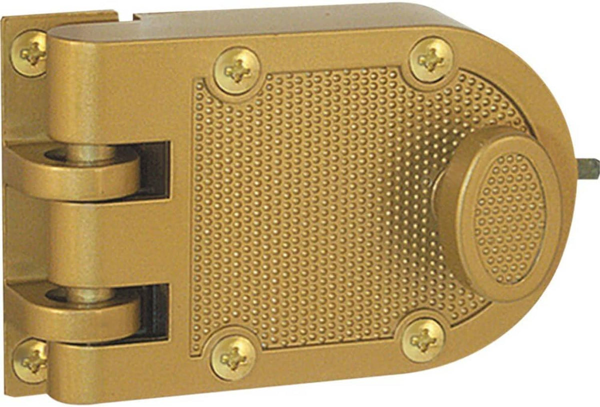 Jimmy-resistant deadbolt lock front view, textured panel and mounted key cylinder