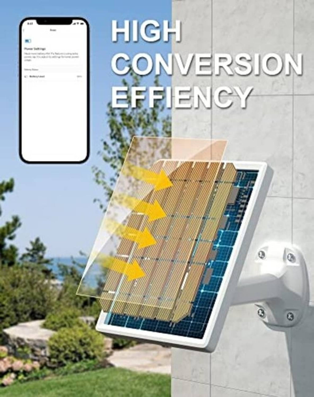 Solar panel charger with angled panel and outdoor Ring-style camera mount on wall