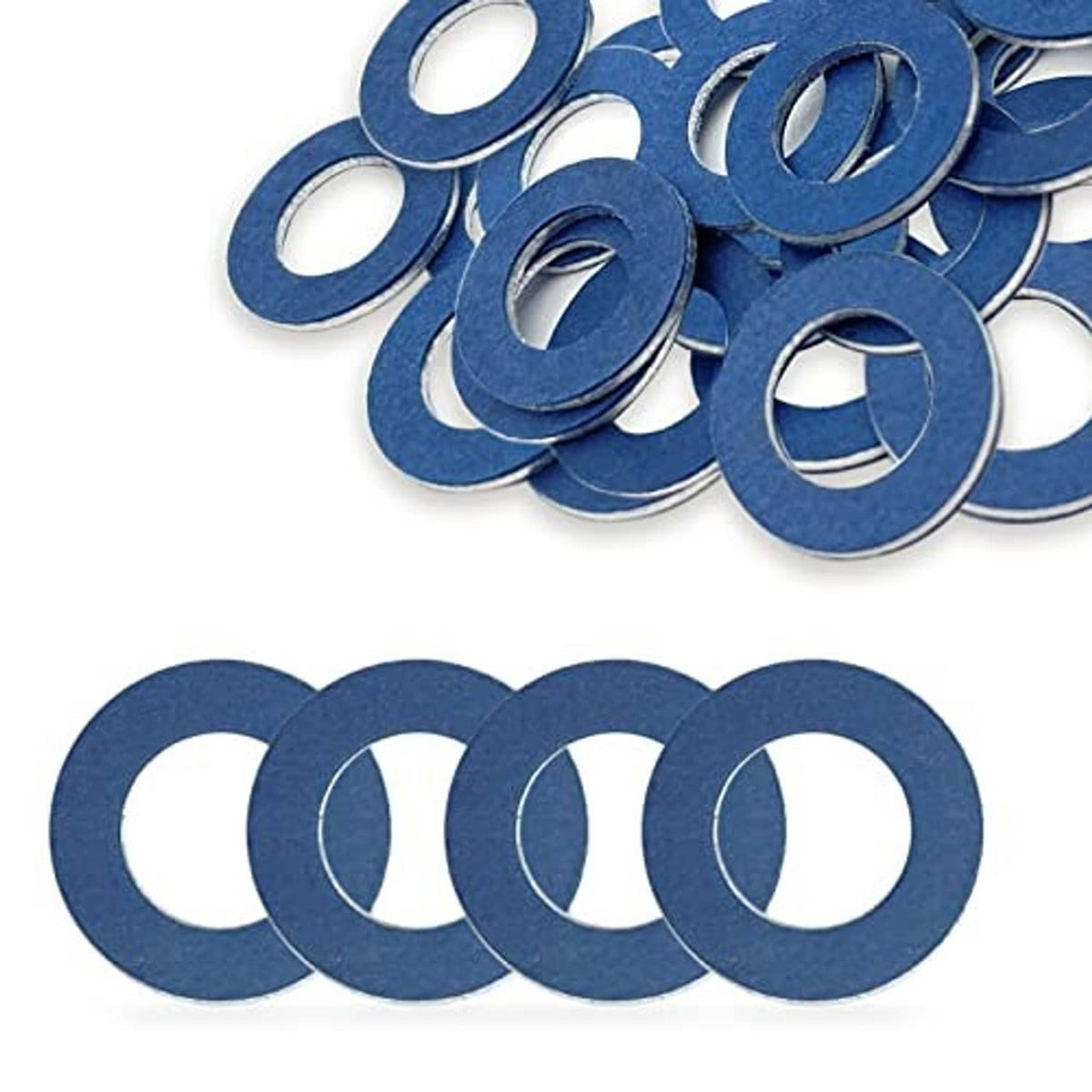 Pack of blue crush washers for oil drain plug, overlapping circular rings with center holes