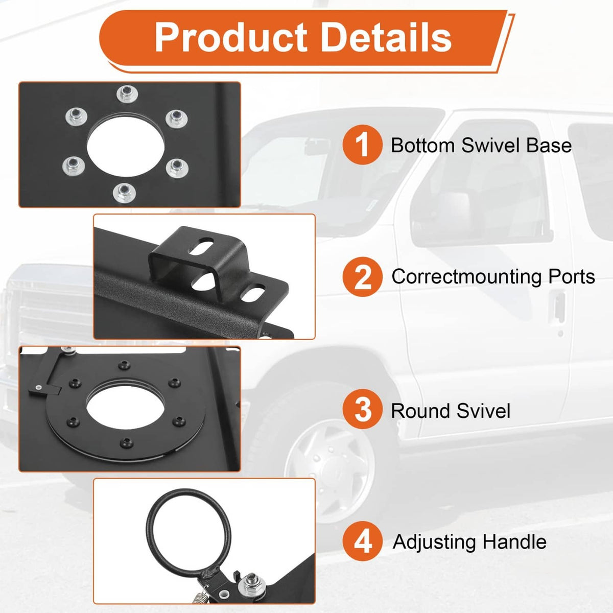 Black seat swivel base with center opening, top mounting handle, and rounded swivel plate details