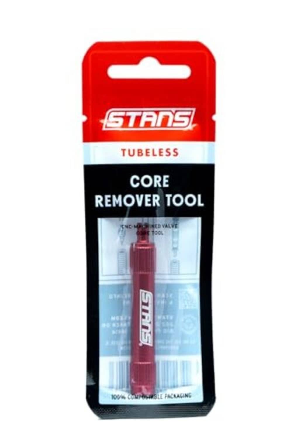 STANS tubeless core remover tool blister pack, red header and black label card
