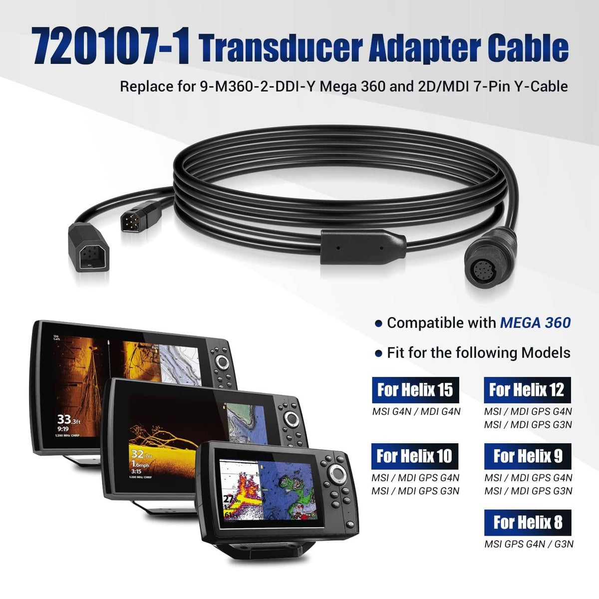 Black transducer adapter cable with end connectors and coiled cable loop