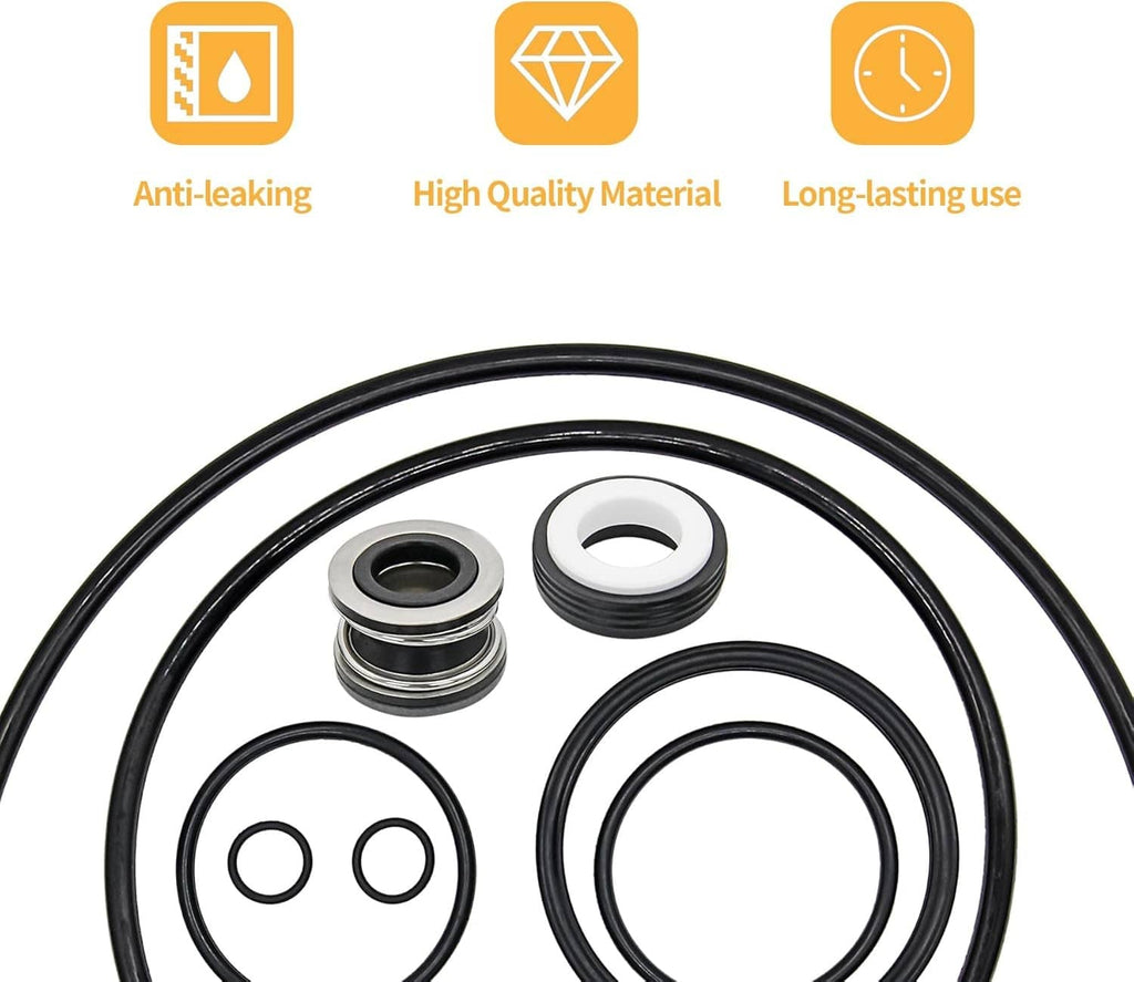 Pool pump rebuild O-ring kit with black rubber rings, metal seal, and flat gasket