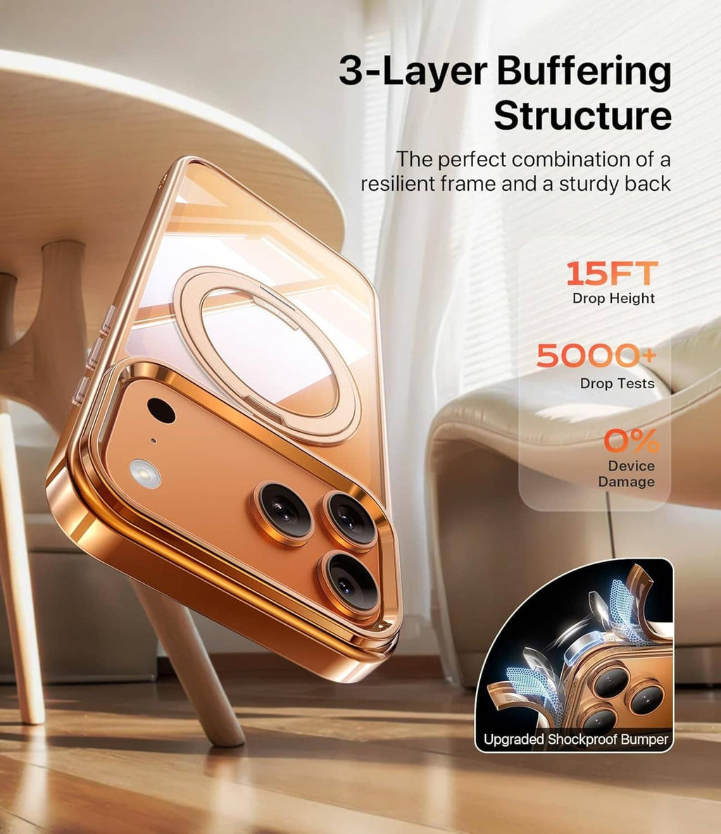 Orange iPhone case with ring stand, clear bumper edge, raised camera protection