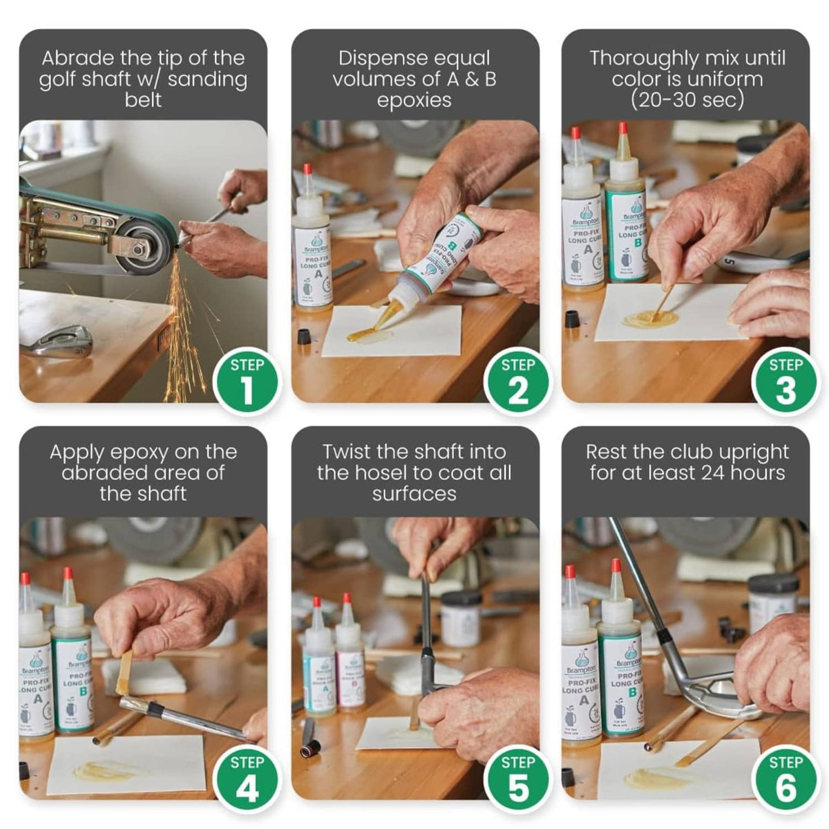 Epoxy repair instruction graphic with cartridge, sanding tool, and applicator steps