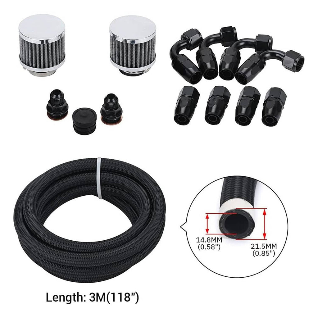 Oil catch can parts kit with black braided hose and AN fittings, includes measurements